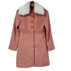 Arden B. Orange and White Woven Wool Coat Detachable Faux Fur Collar Small